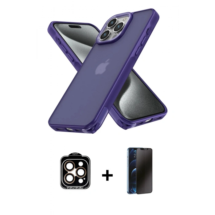 MARSİLYAN™- iPhone 15 Pro Max Kılıf Atlas Form - Siyah 3D Antistatik Hayalet Cam Ekran Koruyucu + PVD Metal Kamera Lens - TU
