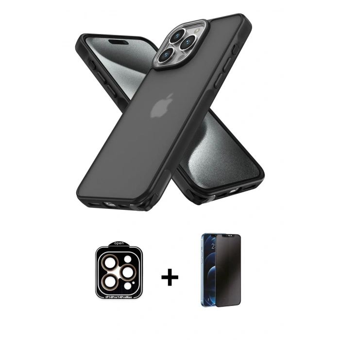 MARSİLYAN™- iPhone 15 Pro Max Kılıf Atlas Form - Siyah 3D Antistatik Hayalet Cam Ekran Koruyucu + PVD Metal Kamera Lens - TU