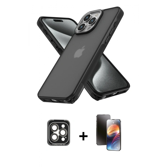 MARSİLYAN™- iPhone 15 Pro Max Kılıf Atlas Form - Siyah 3D Antistatik Mat Seramik Nano Ekran Koruyucu + PVD Metal Kamera Lens - GI