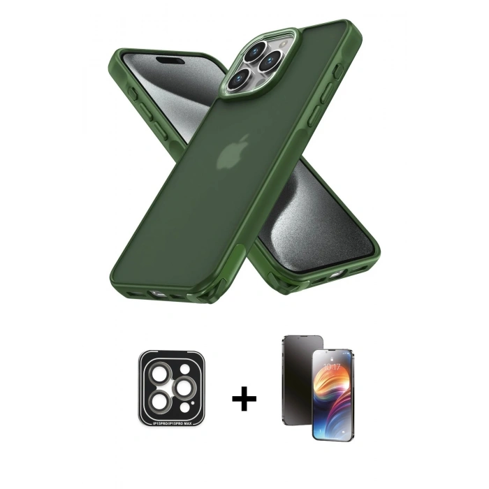 MARSİLYAN™- iPhone 15 Pro Max Kılıf Atlas Form - Siyah 3D Antistatik Mat Seramik Nano Ekran Koruyucu + PVD Metal Kamera Lens - GI