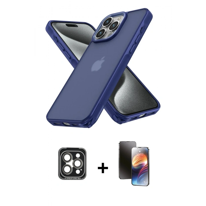 MARSİLYAN™- iPhone 15 Pro Max Kılıf Atlas Form - Siyah 3D Antistatik Mat Seramik Nano Ekran Koruyucu + PVD Metal Kamera Lens - GI