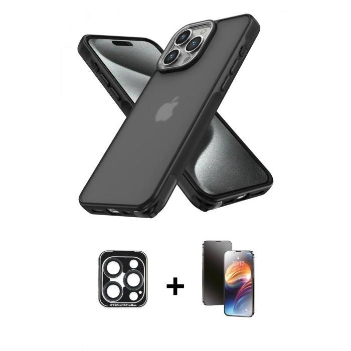 MARSİLYAN™- iPhone 15 Pro Max Kılıf Atlas Form - Siyah 3D Antistatik Mat Seramik Nano Ekran Koruyucu + PVD Metal Kamera Lens - LT