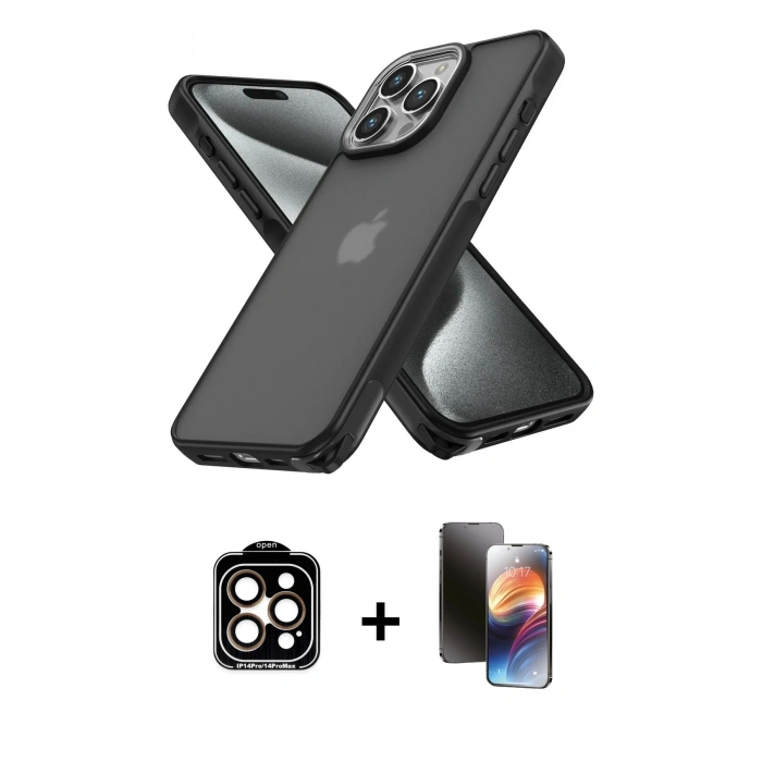 MARSİLYAN™- iPhone 15 Pro Max Kılıf Atlas Form - Siyah 3D Antistatik Mat Seramik Nano Ekran Koruyucu + PVD Metal Kamera Lens - TU