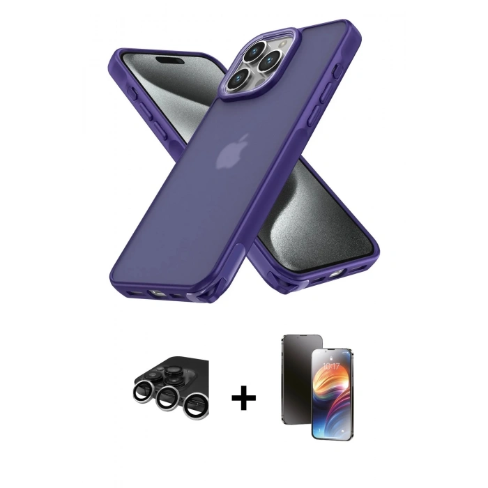 MARSİLYAN™- iPhone 15 Pro Max Kılıf Atlas Form - Siyah 3D Antistatik Mat Seramik Nano Ekran Koruyucu + Raze Metal Kamera Lens - GS