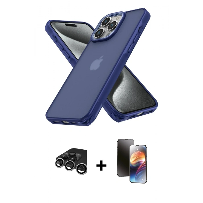 MARSİLYAN™- iPhone 15 Pro Max Kılıf Atlas Form - Siyah 3D Antistatik Mat Seramik Nano Ekran Koruyucu + Raze Metal Kamera Lens - GS