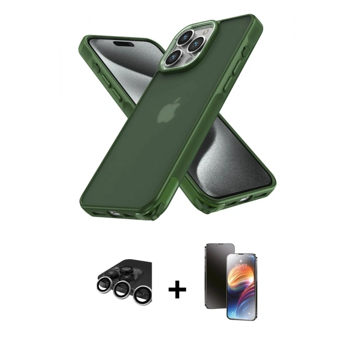 MARSİLYAN™- iPhone 15 Pro Max Kılıf Atlas Form - Siyah 3D Antistatik Mat Seramik Nano Ekran Koruyucu + Raze Metal Kamera Lens - GS