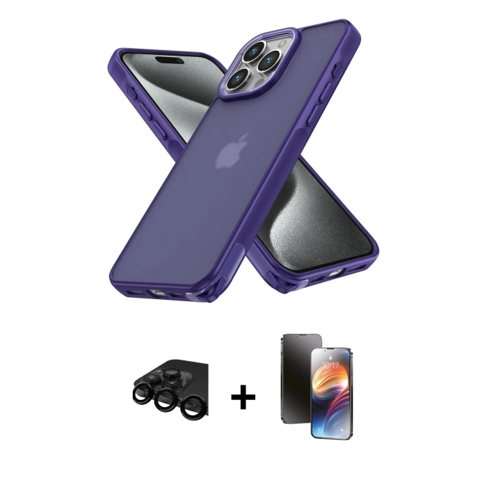 MARSİLYAN™- iPhone 15 Pro Max Kılıf Atlas Form - Siyah 3D Antistatik Mat Seramik Nano Ekran Koruyucu + Raze Metal Kamera Lens - SH