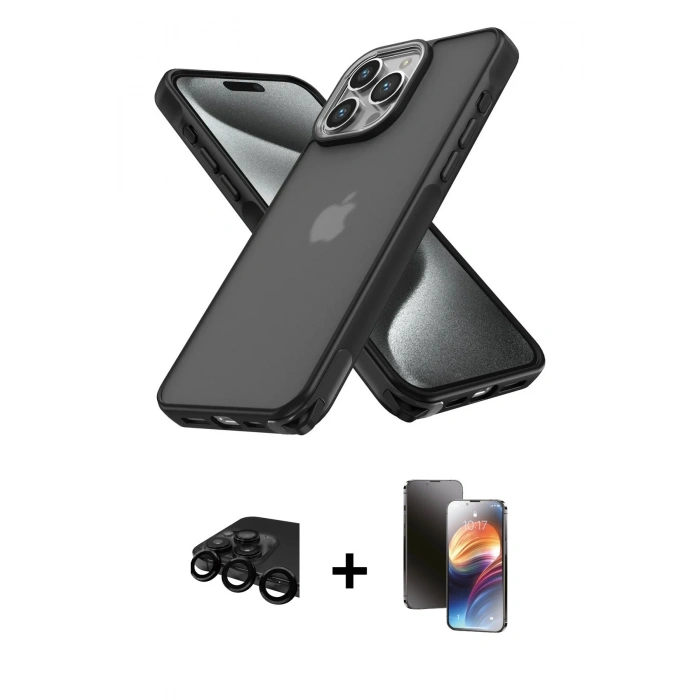 MARSİLYAN™- iPhone 15 Pro Max Kılıf Atlas Form - Siyah 3D Antistatik Mat Seramik Nano Ekran Koruyucu + Raze Metal Kamera Lens - SH