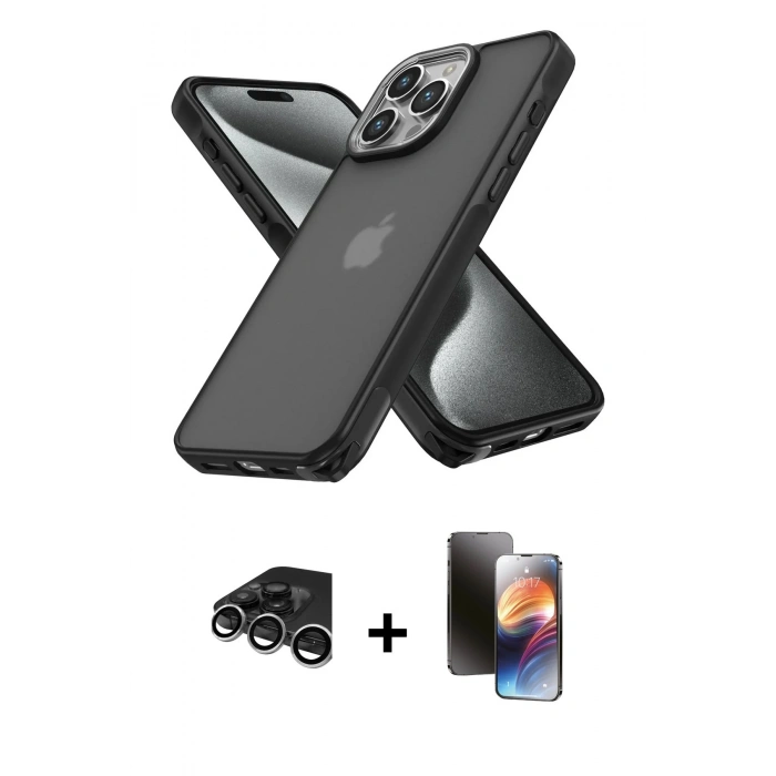 MARSİLYAN™- iPhone 15 Pro Max Kılıf Atlas Form - Siyah 3D Antistatik Mat Seramik Nano Ekran Koruyucu + Raze Metal Kamera Lens - GS