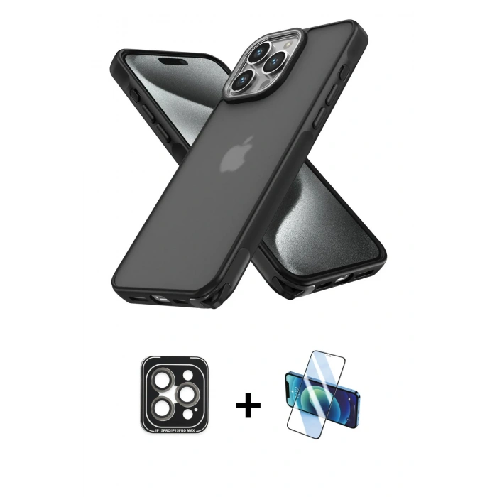 MARSİLYAN™- iPhone 15 Pro Max Kılıf Atlas Form - Siyah 3D Antistatik Seramik Nano Ekran Koruyucu + PVD Metal Kamera Lens - GI