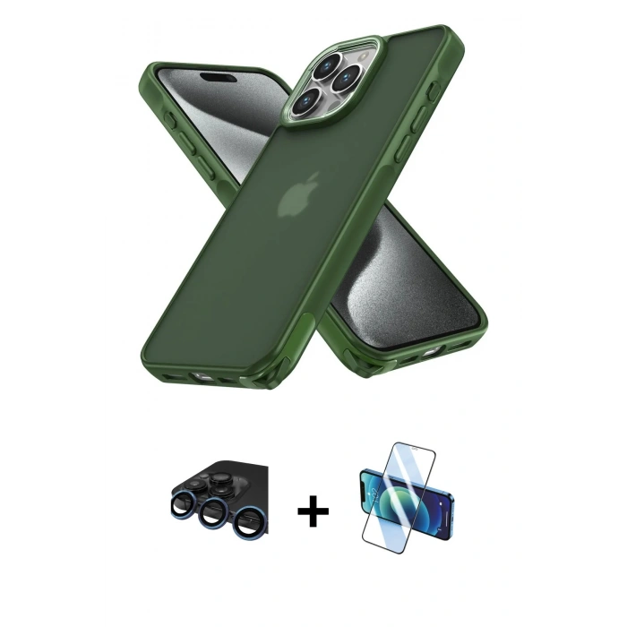 MARSİLYAN™- iPhone 15 Pro Max Kılıf Atlas Form - Siyah 3D Antistatik Seramik Nano Ekran Koruyucu + Lacivert Raze Metal Kamera Lens