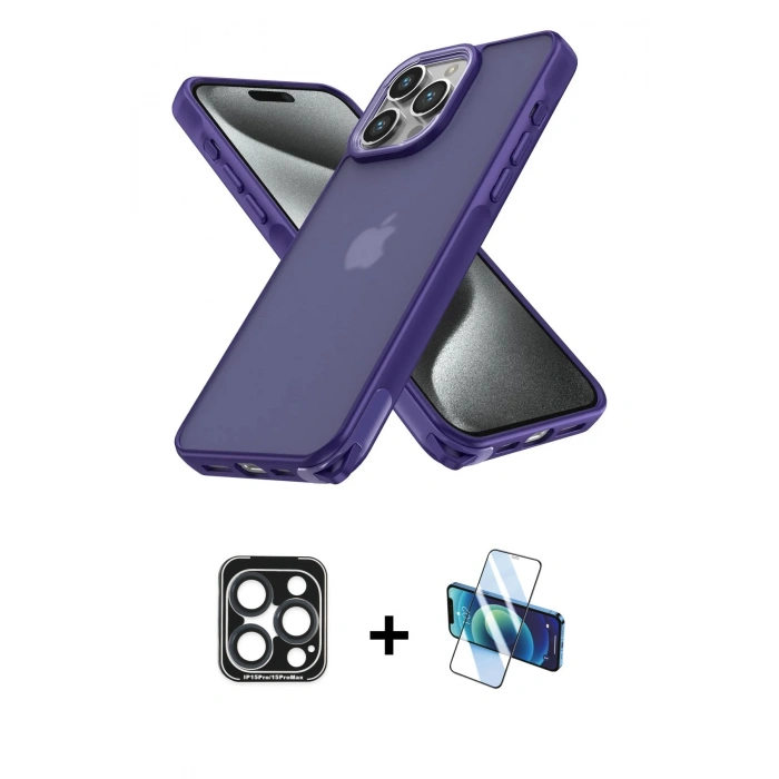 MARSİLYAN™- iPhone 15 Pro Max Kılıf Atlas Form - Siyah 3D Antistatik Seramik Nano Ekran Koruyucu + PVD Metal Kamera Lens - LT