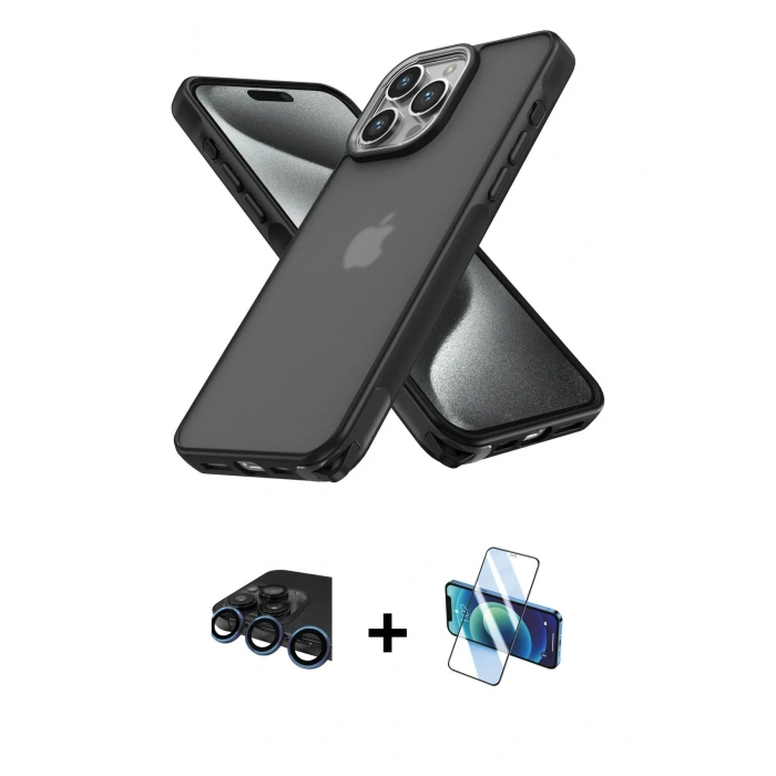 MARSİLYAN™- iPhone 15 Pro Max Kılıf Atlas Form - Siyah 3D Antistatik Seramik Nano Ekran Koruyucu + Lacivert Raze Metal Kamera Lens