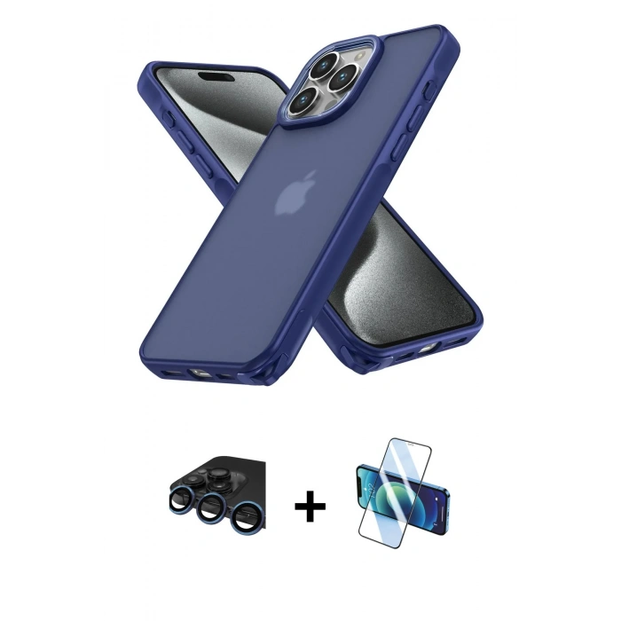 MARSİLYAN™- iPhone 15 Pro Max Kılıf Atlas Form - Siyah 3D Antistatik Seramik Nano Ekran Koruyucu + Lacivert Raze Metal Kamera Lens