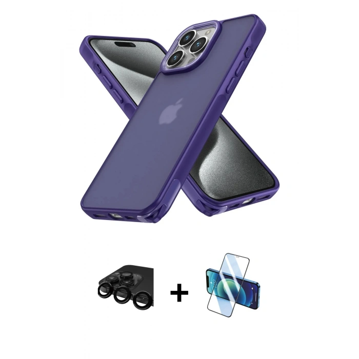 MARSİLYAN™- iPhone 15 Pro Max Kılıf Atlas Form - Siyah 3D Antistatik Seramik Nano Ekran Koruyucu + Raze Metal Kamera Lens - SH