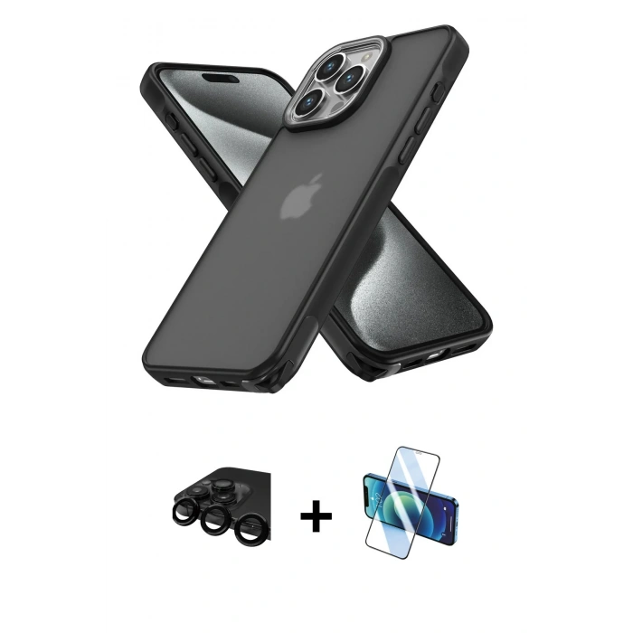 MARSİLYAN™- iPhone 15 Pro Max Kılıf Atlas Form - Siyah 3D Antistatik Seramik Nano Ekran Koruyucu + Raze Metal Kamera Lens - SH