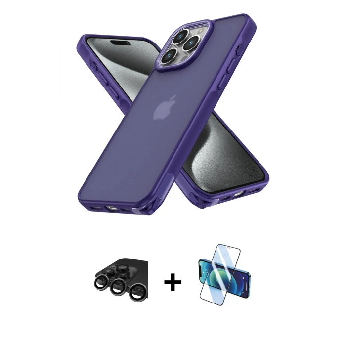 MARSİLYAN™- iPhone 15 Pro Max Kılıf Atlas Form - Siyah 3D Antistatik Seramik Nano Ekran Koruyucu + Titanyum Gri Raze Metal Kamera Lens