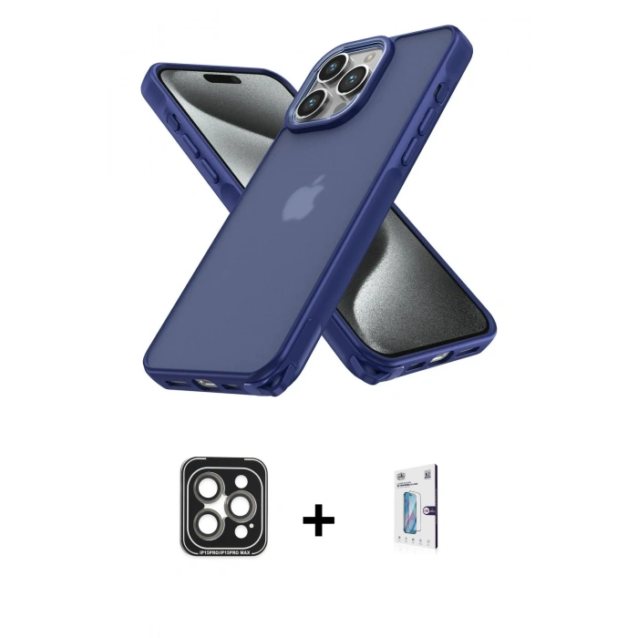 MARSİLYAN™- iPhone 15 Pro Max Kılıf Atlas Form - Siyah Bilvis 0.18mm Plus Cam Ekran Koruyucu + PVD Metal Kamera Lens - GI