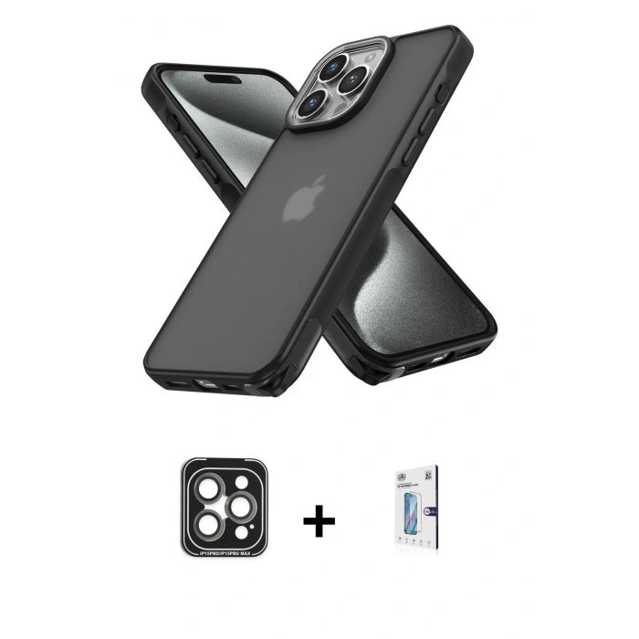MARSİLYAN™- iPhone 15 Pro Max Kılıf Atlas Form - Siyah Bilvis 0.18mm Plus Cam Ekran Koruyucu + PVD Metal Kamera Lens - GI