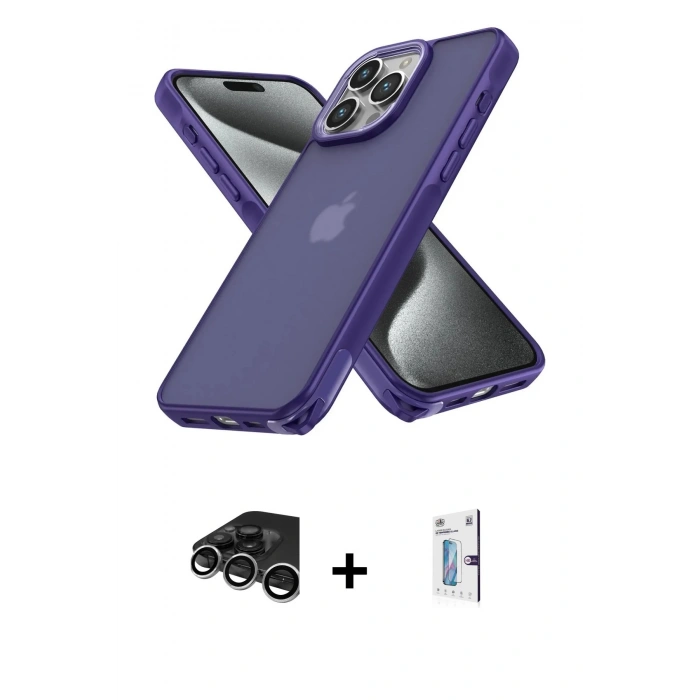MARSİLYAN™- iPhone 15 Pro Max Kılıf Atlas Form - Siyah Bilvis 0.18mm Plus Cam Ekran Koruyucu + Gümüş Raze Metal Kamera Lens