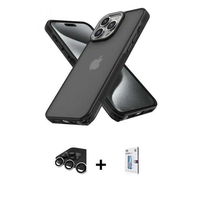MARSİLYAN™- iPhone 15 Pro Max Kılıf Atlas Form - Siyah Bilvis 0.18mm Plus Cam Ekran Koruyucu + Gümüş Raze Metal Kamera Lens