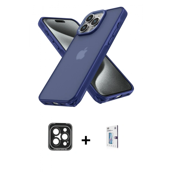 MARSİLYAN™- iPhone 15 Pro Max Kılıf Atlas Form - Siyah Bilvis 0.18mm Plus Cam Ekran Koruyucu + PVD Metal Kamera Lens - SH
