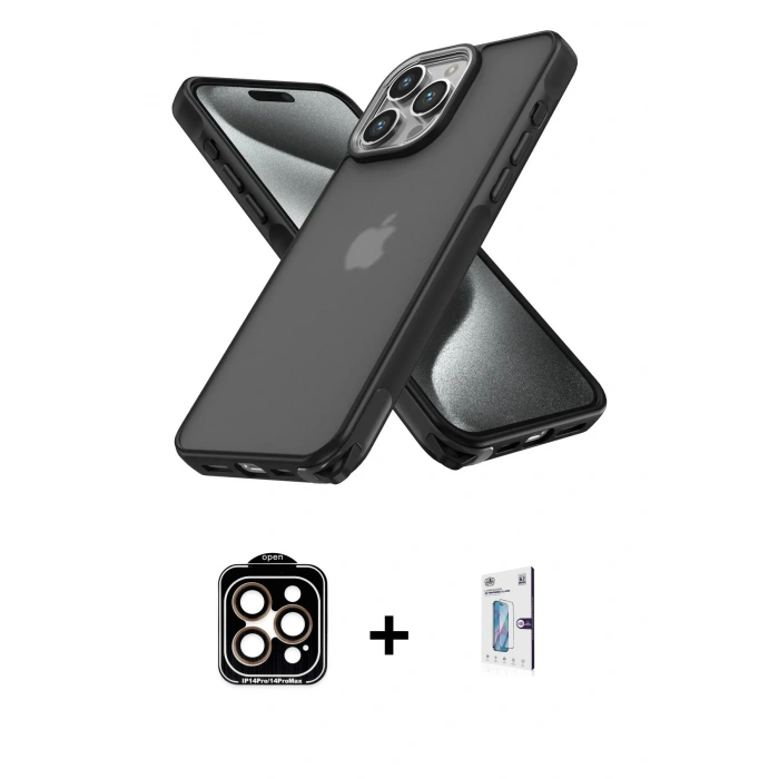 MARSİLYAN™- iPhone 15 Pro Max Kılıf Atlas Form - Siyah Bilvis 0.18mm Plus Cam Ekran Koruyucu + PVD Metal Kamera Lens - TU