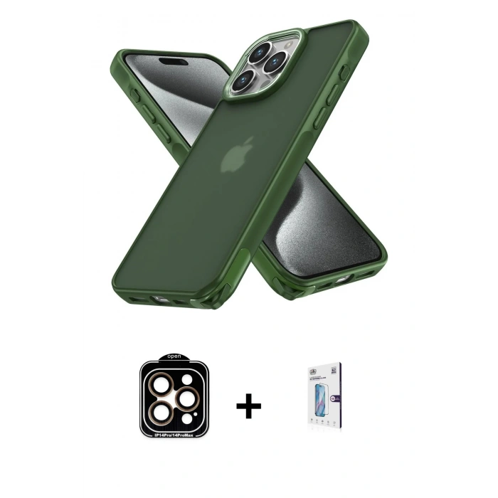 MARSİLYAN™- iPhone 15 Pro Max Kılıf Atlas Form - Siyah Bilvis 0.18mm Plus Cam Ekran Koruyucu + PVD Metal Kamera Lens - TU