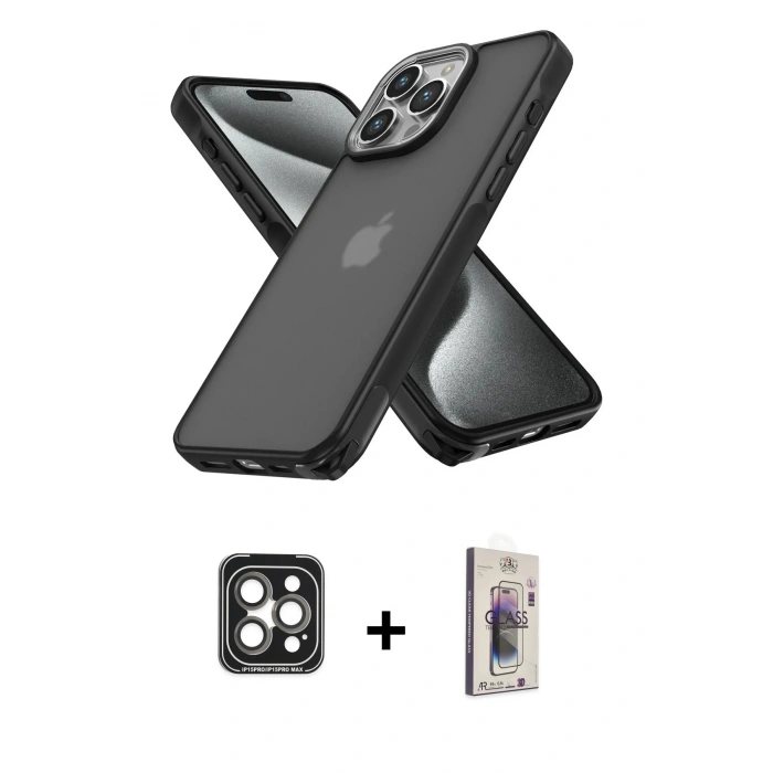 MARSİLYAN™- iPhone 15 Pro Max Kılıf Atlas Form - Siyah Bilvis 3D Cam Ekran Koruyucu + PVD Metal Kamera Lens - GI