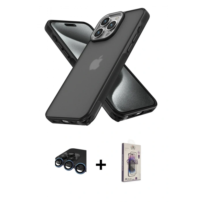 MARSİLYAN™- iPhone 15 Pro Max Kılıf Atlas Form - Siyah Bilvis 3D Cam Ekran Koruyucu + Raze Metal Kamera Lens - LT