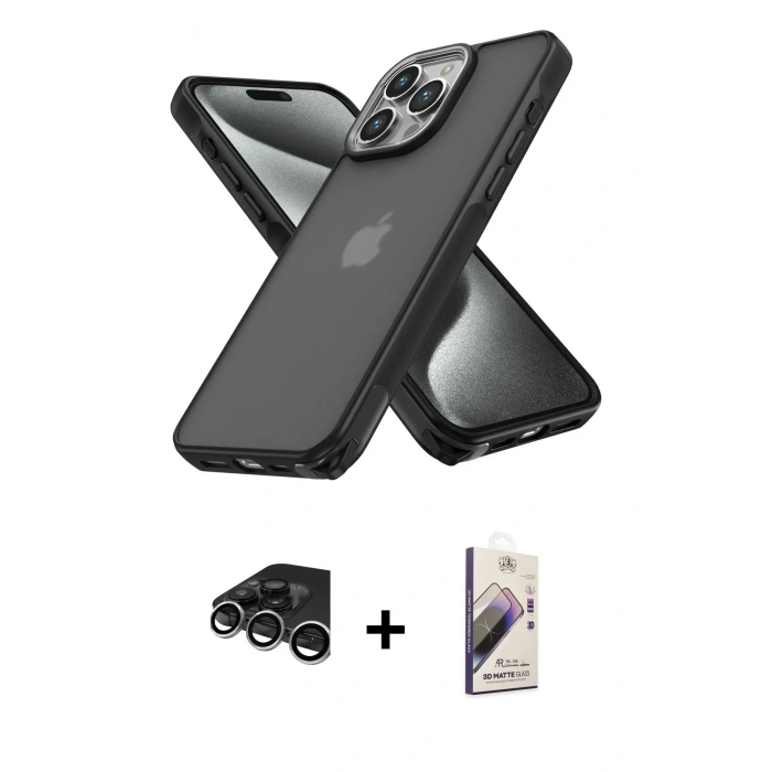 MARSİLYAN™- iPhone 15 Pro Max Kılıf Atlas Form - Siyah Bilvis 3D Mat Cam Ekran Koruyucu + Raze Metal Kamera Lens - GS