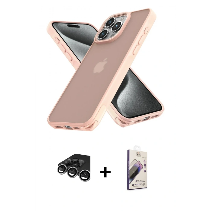 MARSİLYAN™- iPhone 15 Pro Max Kılıf Atlas Form - Siyah Bilvis 3D Mat Cam Ekran Koruyucu + Raze Metal Kamera Lens - GS