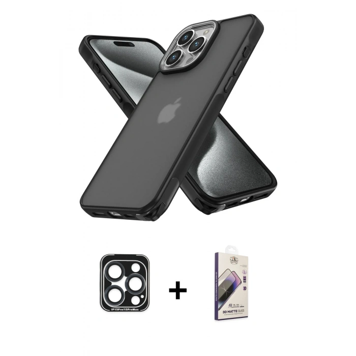 MARSİLYAN™- iPhone 15 Pro Max Kılıf Atlas Form - Siyah Bilvis 3D Mat Cam Ekran Koruyucu + PVD Metal Kamera Lens - LT