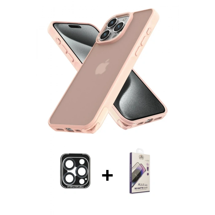 MARSİLYAN™- iPhone 15 Pro Max Kılıf Atlas Form - Siyah Bilvis 3D Mat Cam Ekran Koruyucu + PVD Metal Kamera Lens - LT