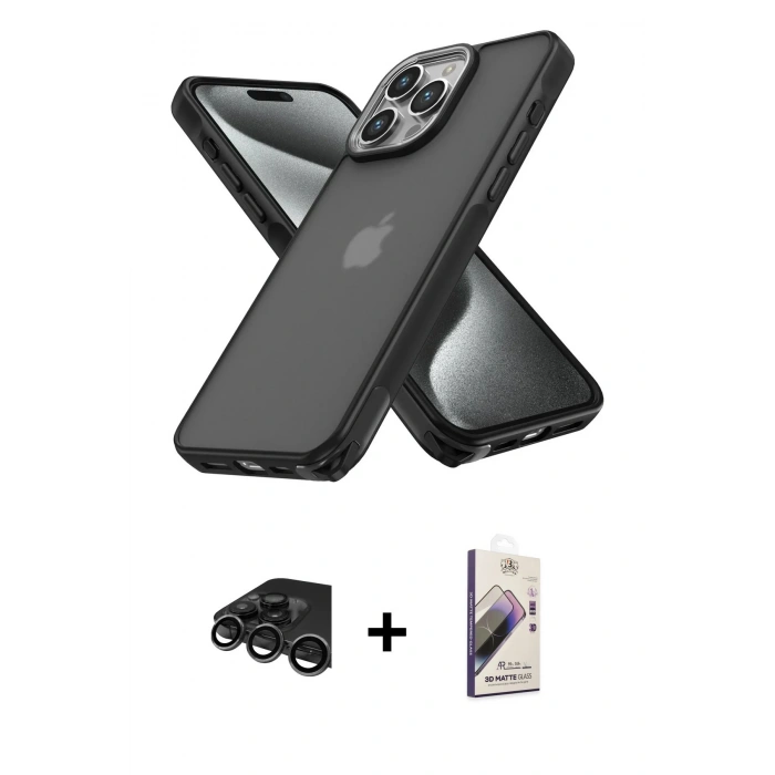 MARSİLYAN™- iPhone 15 Pro Max Kılıf Atlas Form - Siyah Bilvis 3D Mat Cam Ekran Koruyucu + Raze Metal Kamera Lens - TMGI