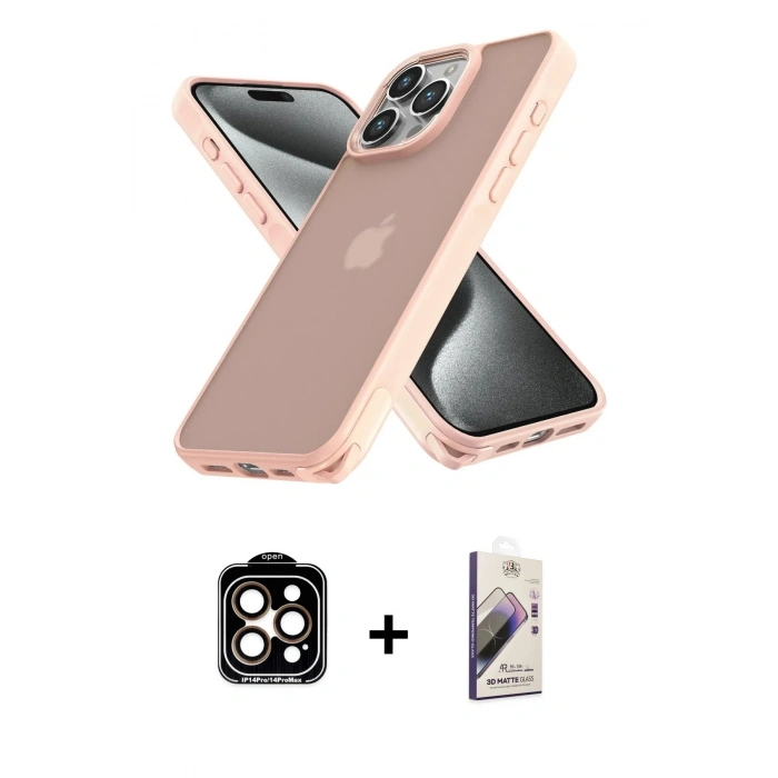 MARSİLYAN™- iPhone 15 Pro Max Kılıf Atlas Form - Siyah Bilvis 3D Mat Cam Ekran Koruyucu + PVD Metal Kamera Lens - TU