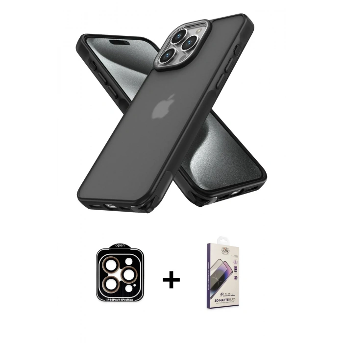 MARSİLYAN™- iPhone 15 Pro Max Kılıf Atlas Form - Siyah Bilvis 3D Mat Cam Ekran Koruyucu + PVD Metal Kamera Lens - TU