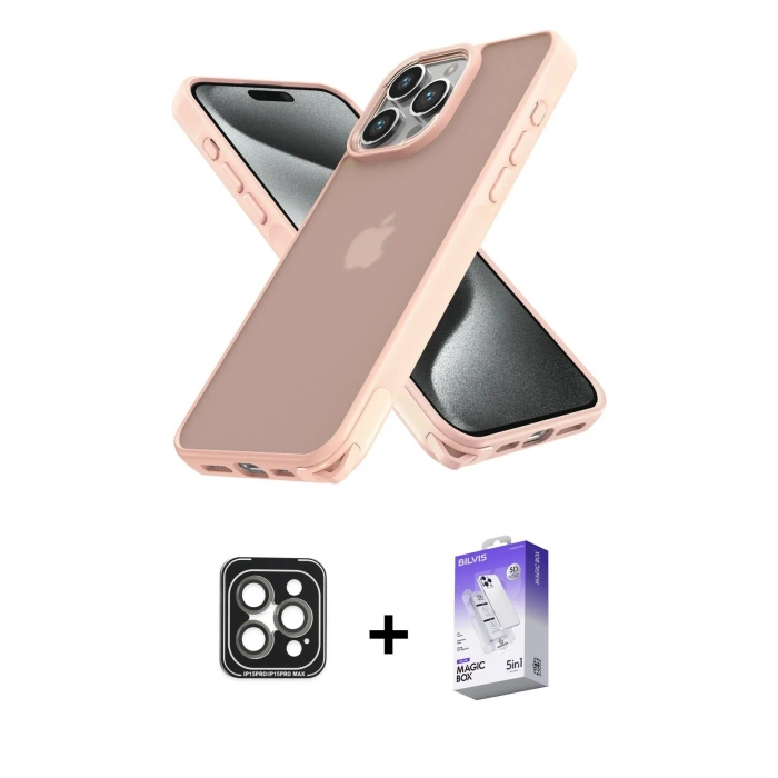 MARSİLYAN™- iPhone 15 Pro Max Kılıf Atlas Form - Siyah Bilvis 5in1 3D Magic Cam Ekran Koruyucu + PVD Metal Kamera Lens - GI