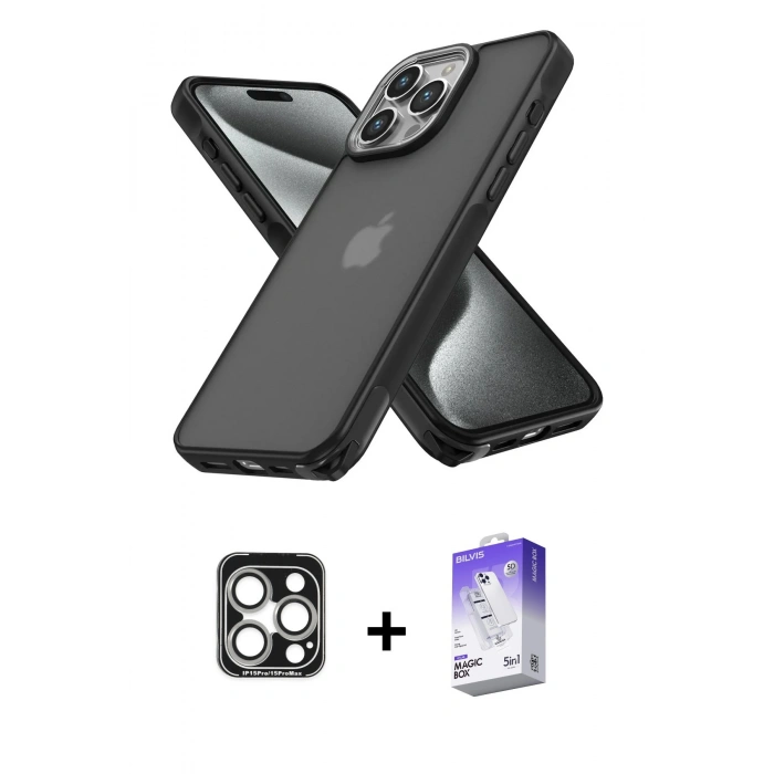 MARSİLYAN™- iPhone 15 Pro Max Kılıf Atlas Form - Siyah Bilvis 5in1 3D Magic Cam Ekran Koruyucu + Gümüş PVD Metal Kamera Lens
