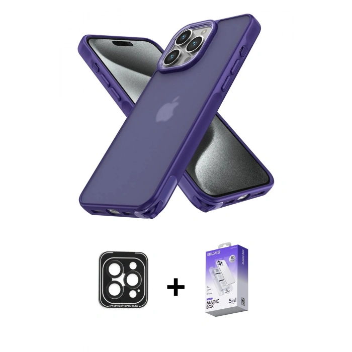 MARSİLYAN™- iPhone 15 Pro Max Kılıf Atlas Form - Siyah Bilvis 5in1 3D Magic Cam Ekran Koruyucu + PVD Metal Kamera Lens - SH