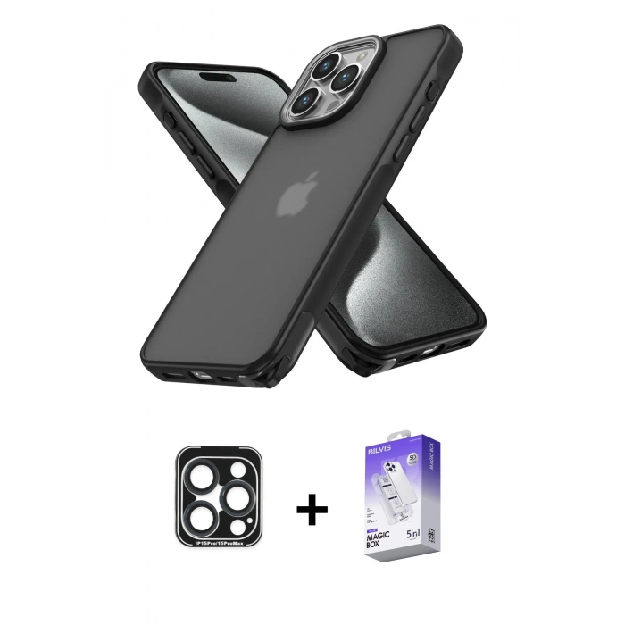 MARSİLYAN™- iPhone 15 Pro Max Kılıf Atlas Form - Siyah Bilvis 5in1 3D Magic Cam Ekran Koruyucu + PVD Metal Kamera Lens - LT