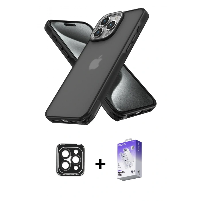 MARSİLYAN™- iPhone 15 Pro Max Kılıf Atlas Form - Siyah Bilvis 5in1 3D Magic Cam Ekran Koruyucu + PVD Metal Kamera Lens - SH