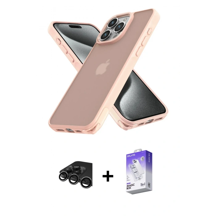 MARSİLYAN™- iPhone 15 Pro Max Kılıf Atlas Form - Siyah Bilvis 5in1 3D Magic Cam Ekran Koruyucu + Raze Metal Kamera Lens - TMGI