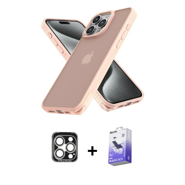 MARSİLYAN™- iPhone 15 Pro Max Kılıf Atlas Form - Siyah Bilvis 5in1 5D Magic Hayalet Cam Ekran Koruyucu + Gümüş PVD Metal Kamera Lens