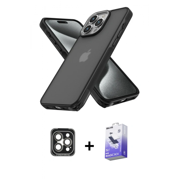 MARSİLYAN™- iPhone 15 Pro Max Kılıf Atlas Form - Siyah Bilvis 5in1 5D Magic Hayalet Cam Ekran Koruyucu + PVD Metal Kamera Lens - GI