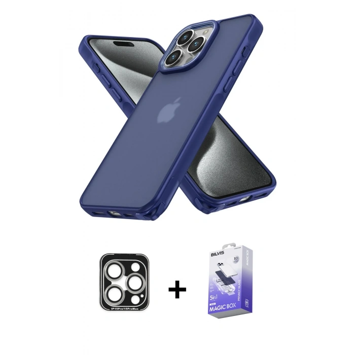 MARSİLYAN™- iPhone 15 Pro Max Kılıf Atlas Form - Siyah Bilvis 5in1 5D Magic Hayalet Cam Ekran Koruyucu + Gümüş PVD Metal Kamera Lens