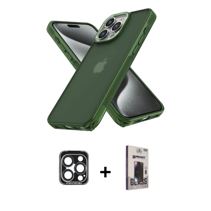 MARSİLYAN™- iPhone 15 Pro Max Kılıf Atlas Form - Siyah Bilvis Hayalet Cam Ekran Koruyucu + PVD Metal Kamera Lens - LT