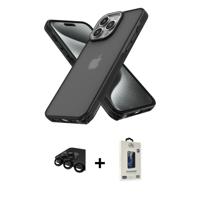 MARSİLYAN™- iPhone 15 Pro Max Kılıf Atlas Form - Siyah Bilvis Hayalet Cam Ekran Koruyucu + Raze Metal Kamera Lens - SH
