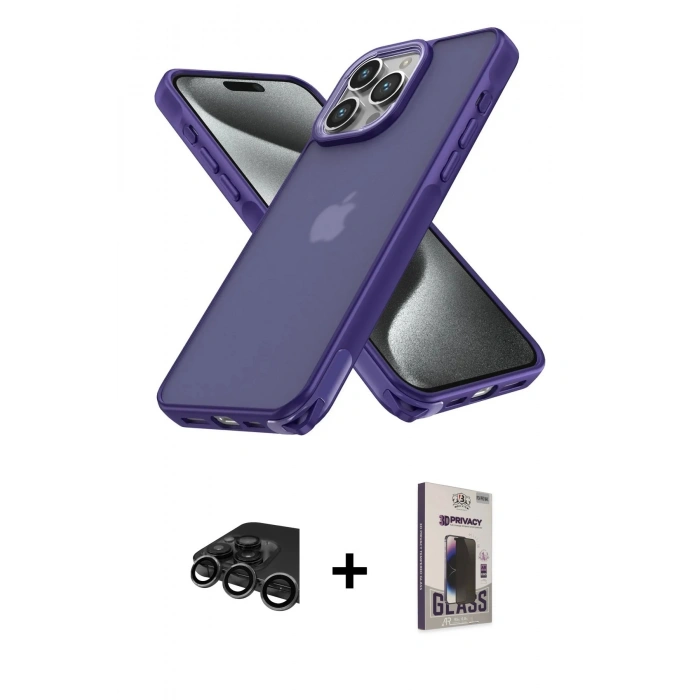 MARSİLYAN™- iPhone 15 Pro Max Kılıf Atlas Form - Siyah Bilvis Hayalet Cam Ekran Koruyucu + Raze Metal Kamera Lens - TMGI