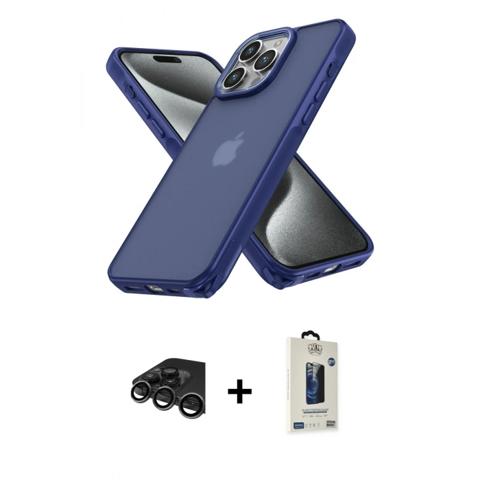 MARSİLYAN™- iPhone 15 Pro Max Kılıf Atlas Form - Siyah Bilvis Hayalet Cam Ekran Koruyucu + Raze Metal Kamera Lens - TMGI